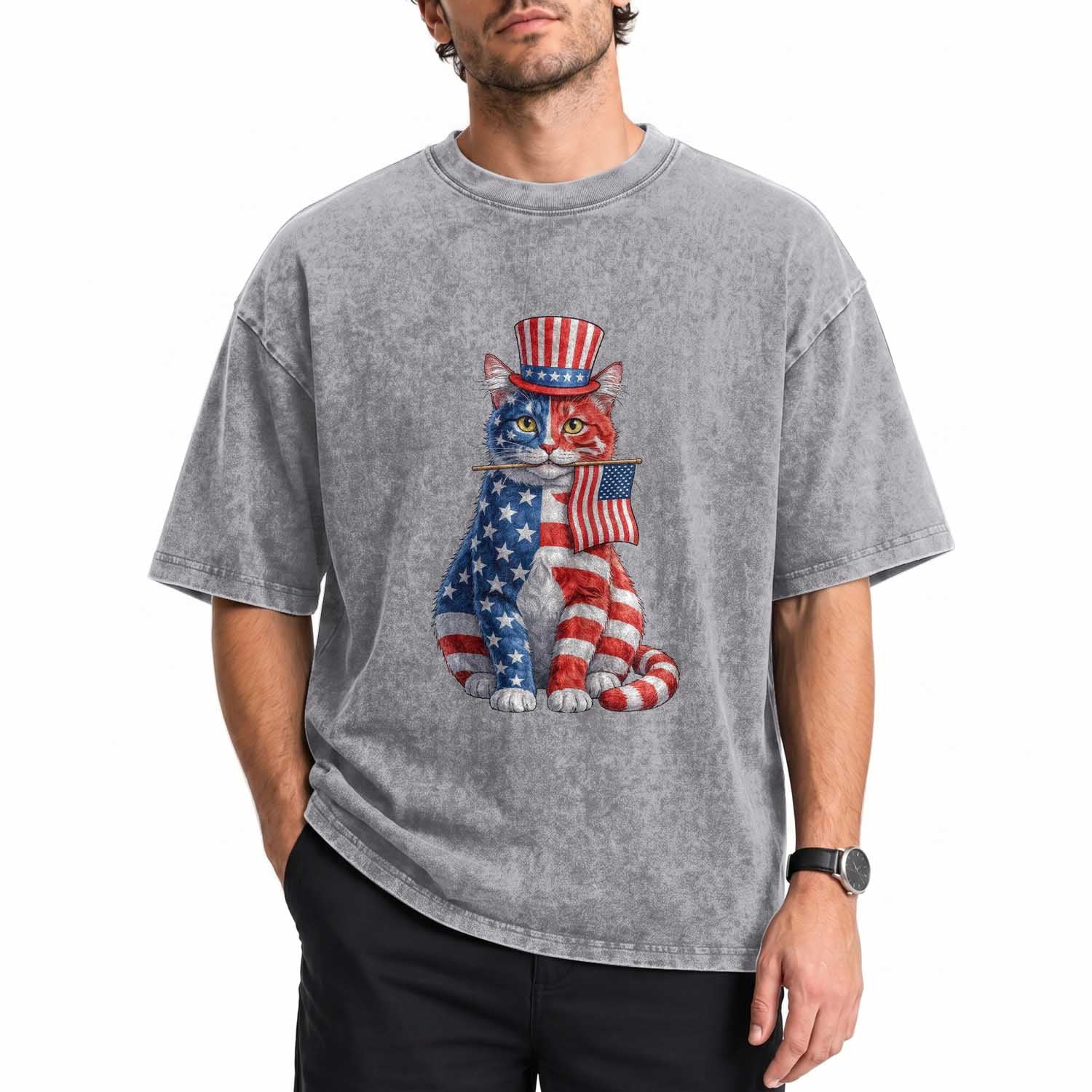 Proud American Cat Lover Washed Cotton T-Shirt Patriotic Animal Lover Gift