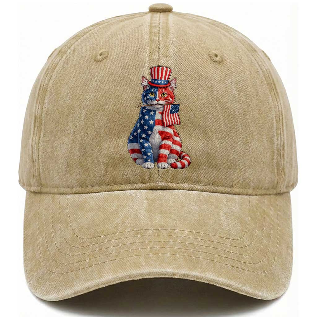 Proud American Cat Lover Washed Cotton Baseball Cap Patriotic Animal Lover Gift TS12 Washed Cap Universal Fit Khaki Print Your Wear