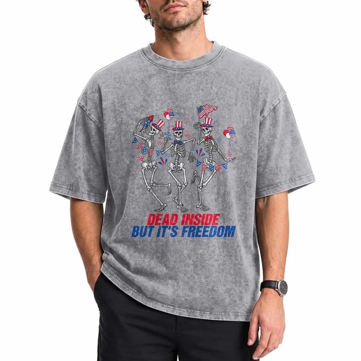 Patriotic Dancing Skeleton Washed Cotton T-Shirt Dead Inside But Its Freedom