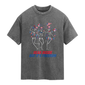 Patriotic Dancing Skeleton Washed Cotton T-Shirt Dead Inside But Its Freedom