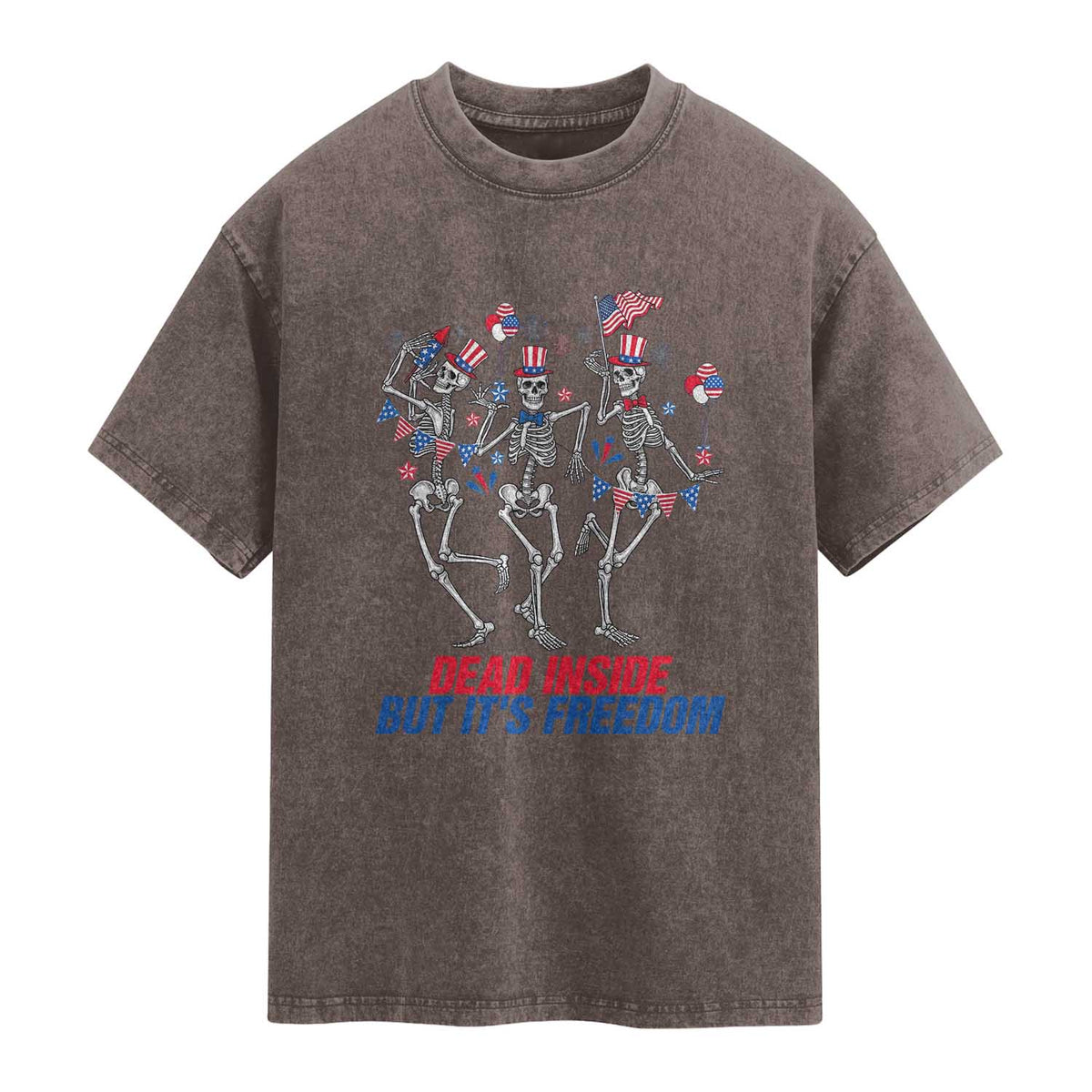 Patriotic Dancing Skeleton Washed Cotton T-Shirt Dead Inside But Its Freedom
