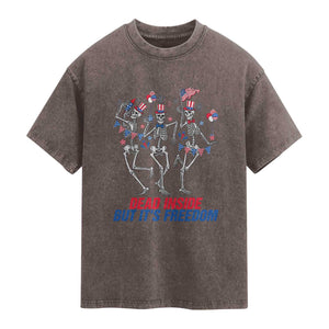 Patriotic Dancing Skeleton Washed Cotton T-Shirt Dead Inside But Its Freedom