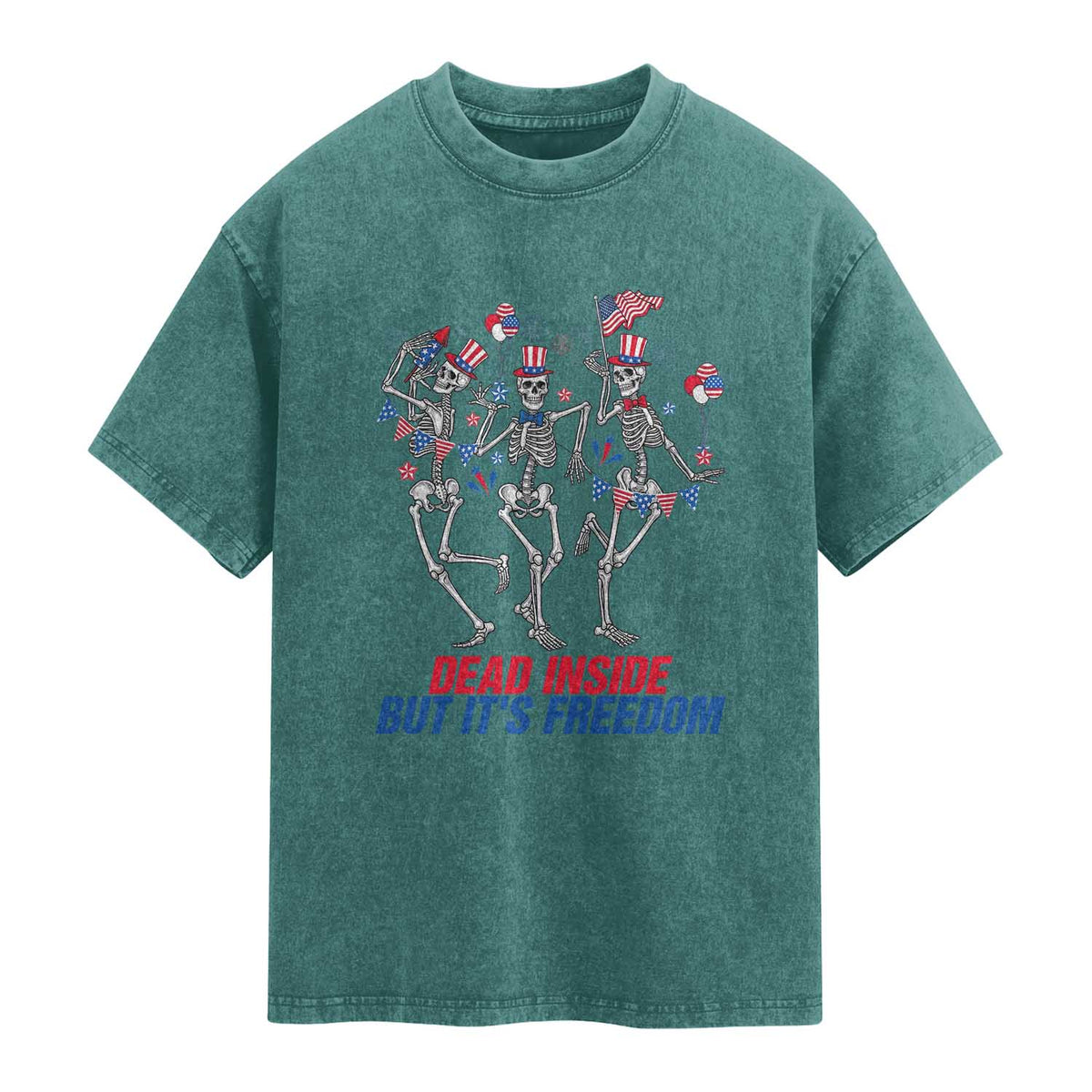 Patriotic Dancing Skeleton Washed Cotton T-Shirt Dead Inside But Its Freedom