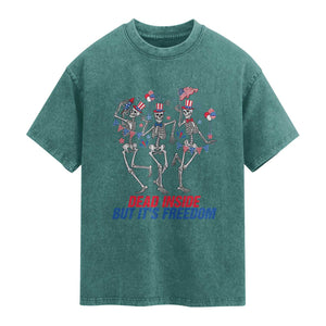 Patriotic Dancing Skeleton Washed Cotton T-Shirt Dead Inside But Its Freedom