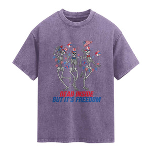 Patriotic Dancing Skeleton Washed Cotton T-Shirt Dead Inside But Its Freedom