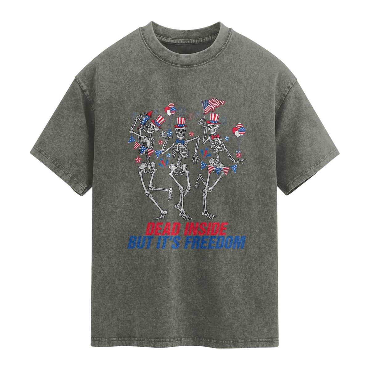 Patriotic Dancing Skeleton Washed Cotton T-Shirt Dead Inside But Its Freedom