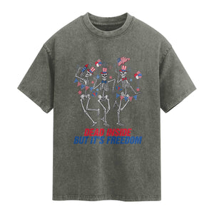 Patriotic Dancing Skeleton Washed Cotton T-Shirt Dead Inside But Its Freedom