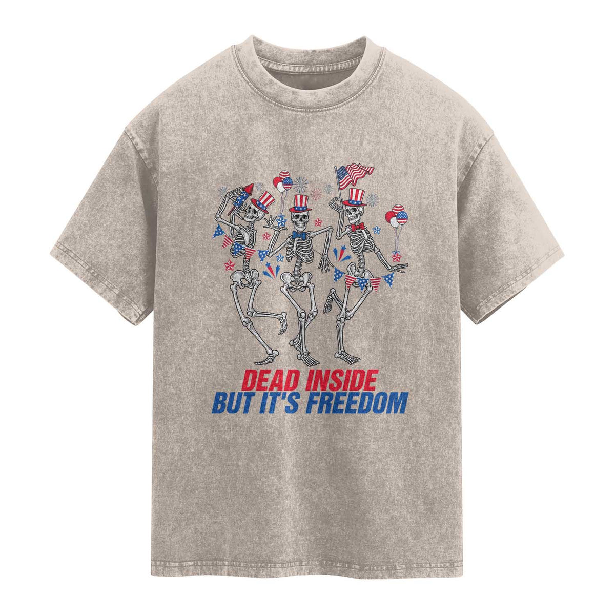 Patriotic Dancing Skeleton Washed Cotton T-Shirt Dead Inside But Its Freedom