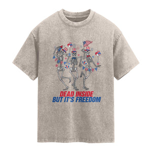 Patriotic Dancing Skeleton Washed Cotton T-Shirt Dead Inside But Its Freedom