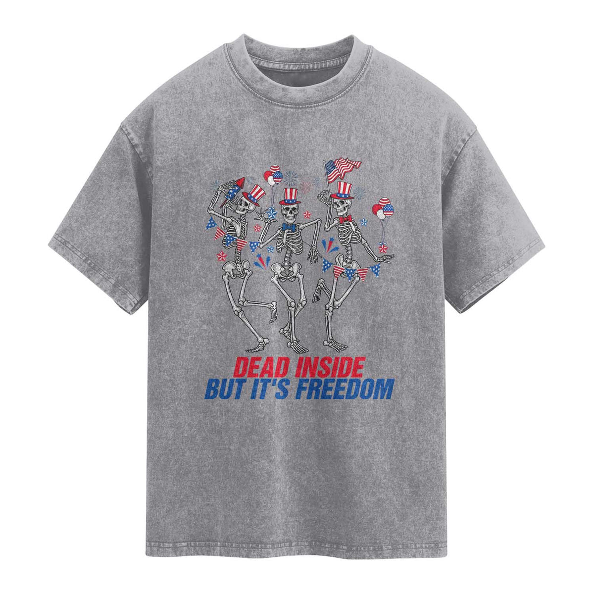 Patriotic Dancing Skeleton Washed Cotton T-Shirt Dead Inside But Its Freedom