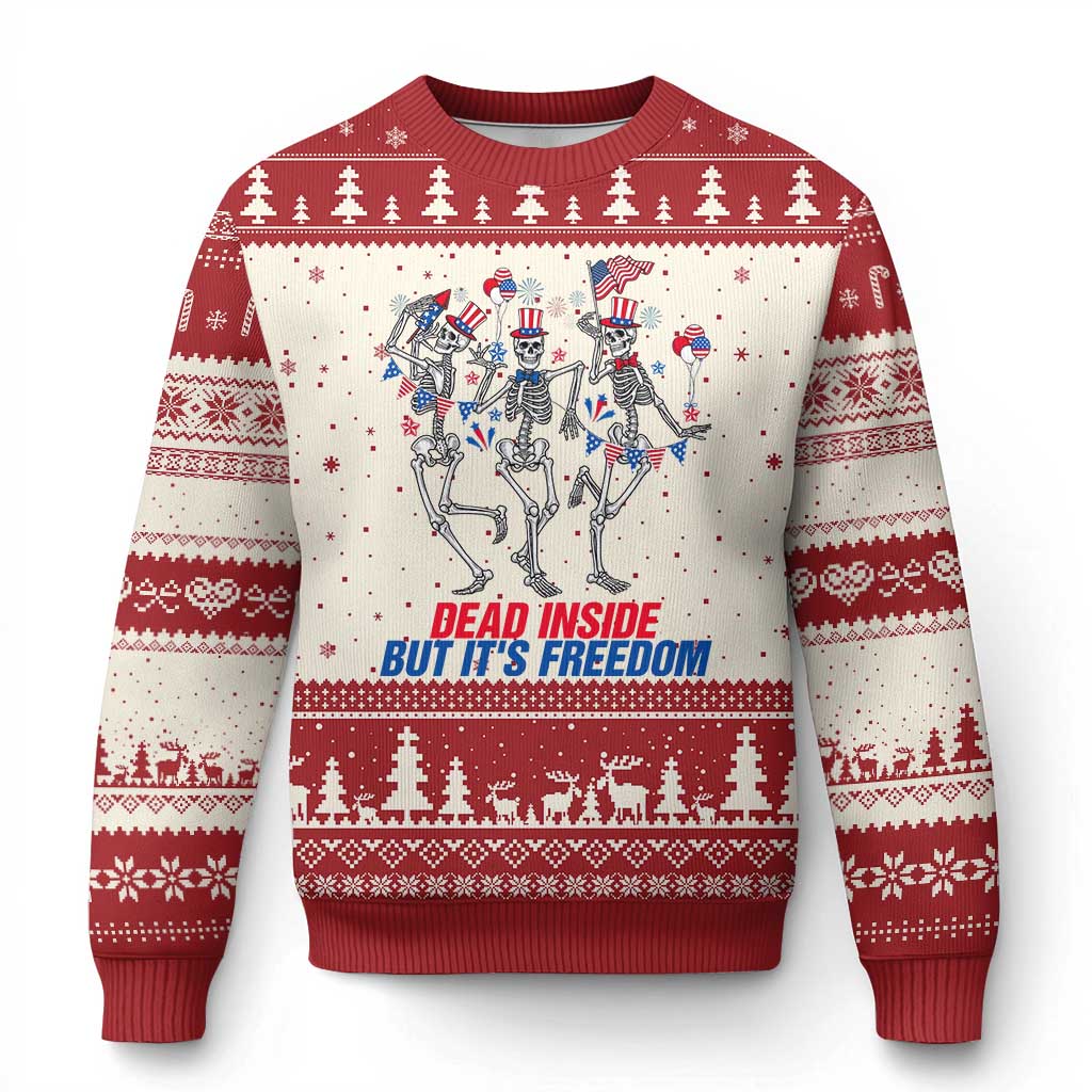 Patriotic Dancing Skeleton Ugly Christmas Sweater Dead Inside But Its Freedom TS12 Beige Red Print Your Wear