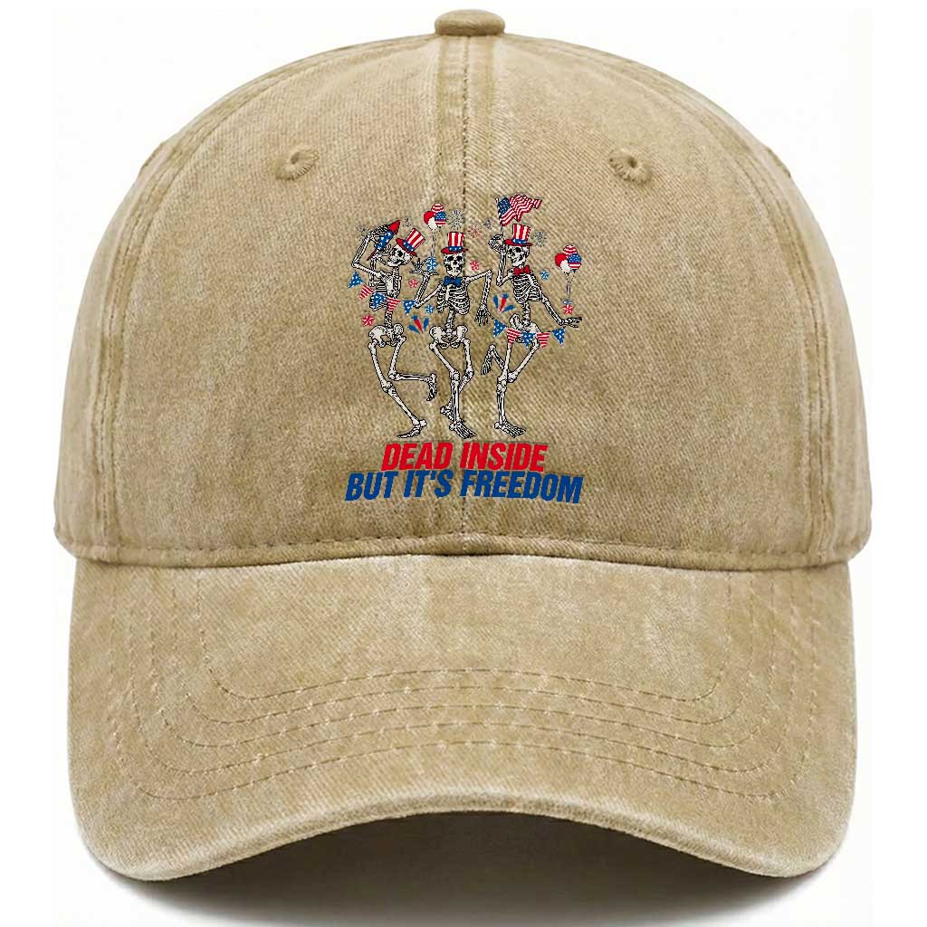 Patriotic Dancing Skeleton Washed Cotton Baseball Cap Dead Inside But Its Freedom TS12 Washed Cap Universal Fit Khaki Print Your Wear