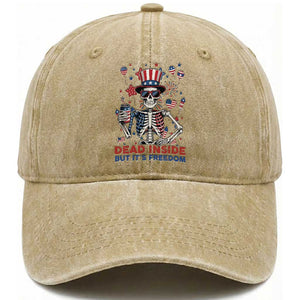 Funny Skeleton Dead Inside But Its Freedom Washed Cotton Baseball Cap Patriotic Gift TS12 Washed Cap Universal Fit Khaki Print Your Wear