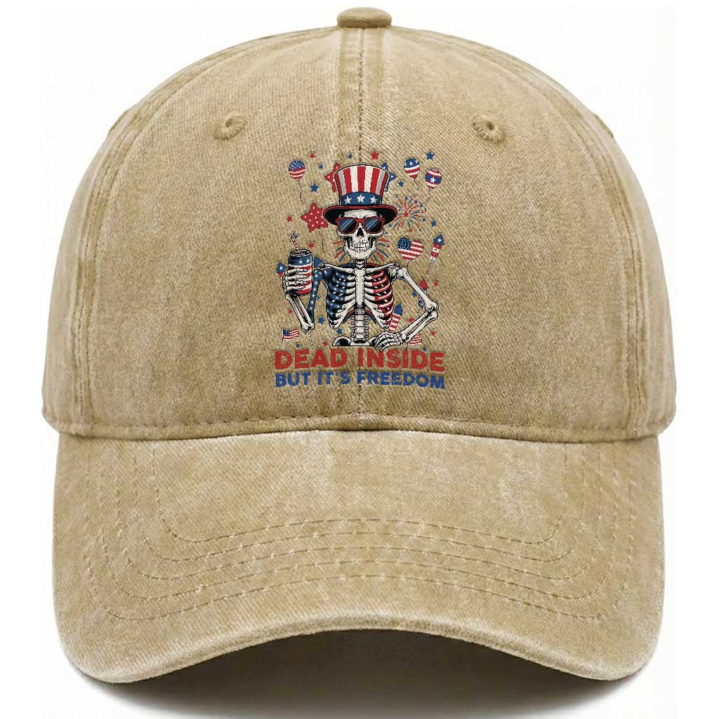 Funny Skeleton Dead Inside But Its Freedom Washed Cotton Baseball Cap Patriotic Gift TS12 Washed Cap Universal Fit Khaki Print Your Wear