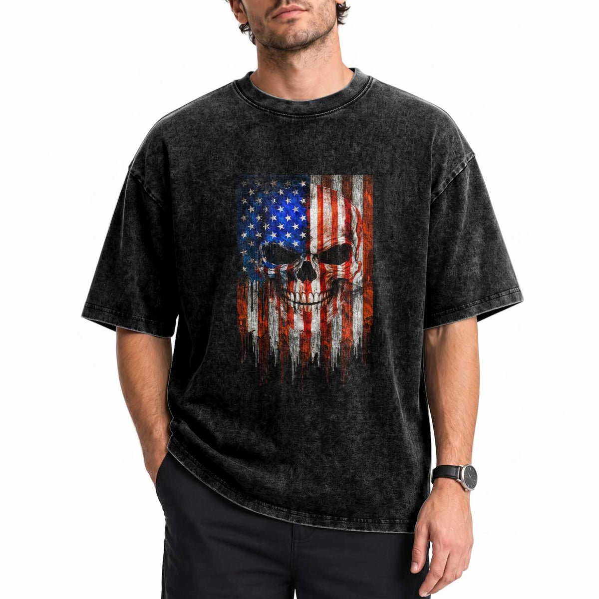 Patriotic Skull American Flag USA Pride Washed Cotton T-Shirt