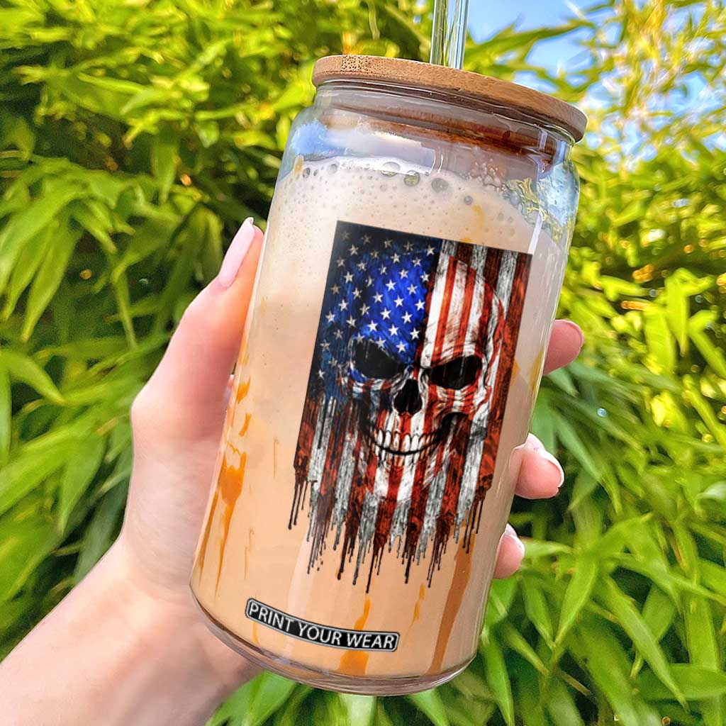 Patriotic Skull American Flag USA Pride Glass Can TS12 Black Print Your Wear