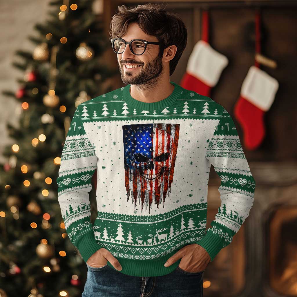 Patriotic Skull American Flag USA Pride Ugly Christmas Sweater TS12 Beige Green Print Your Wear
