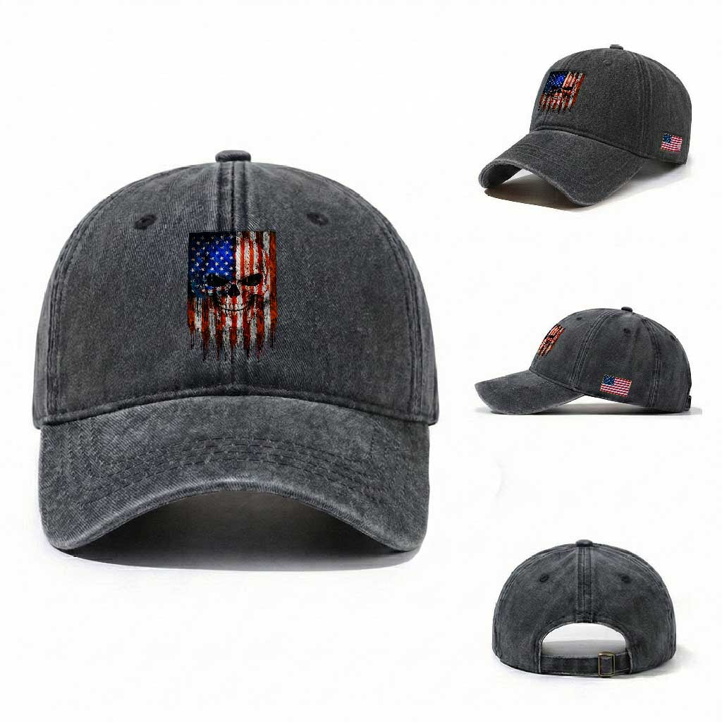 Patriotic Skull American Flag USA Pride Washed Cotton Baseball Cap TS12 Washed Cap Universal Fit Dark Gray Print Your Wear