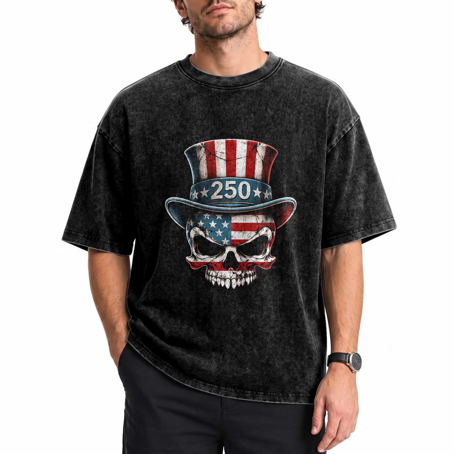 American Flag Skull Patriotic Pride Washed Cotton T-Shirt USA 250 Anniversary