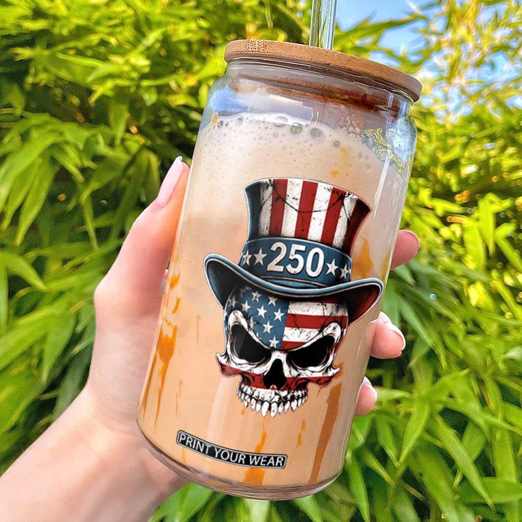 American Flag Skull Patriotic Pride Glass Can USA 250 Anniversary TS12 Black Print Your Wear