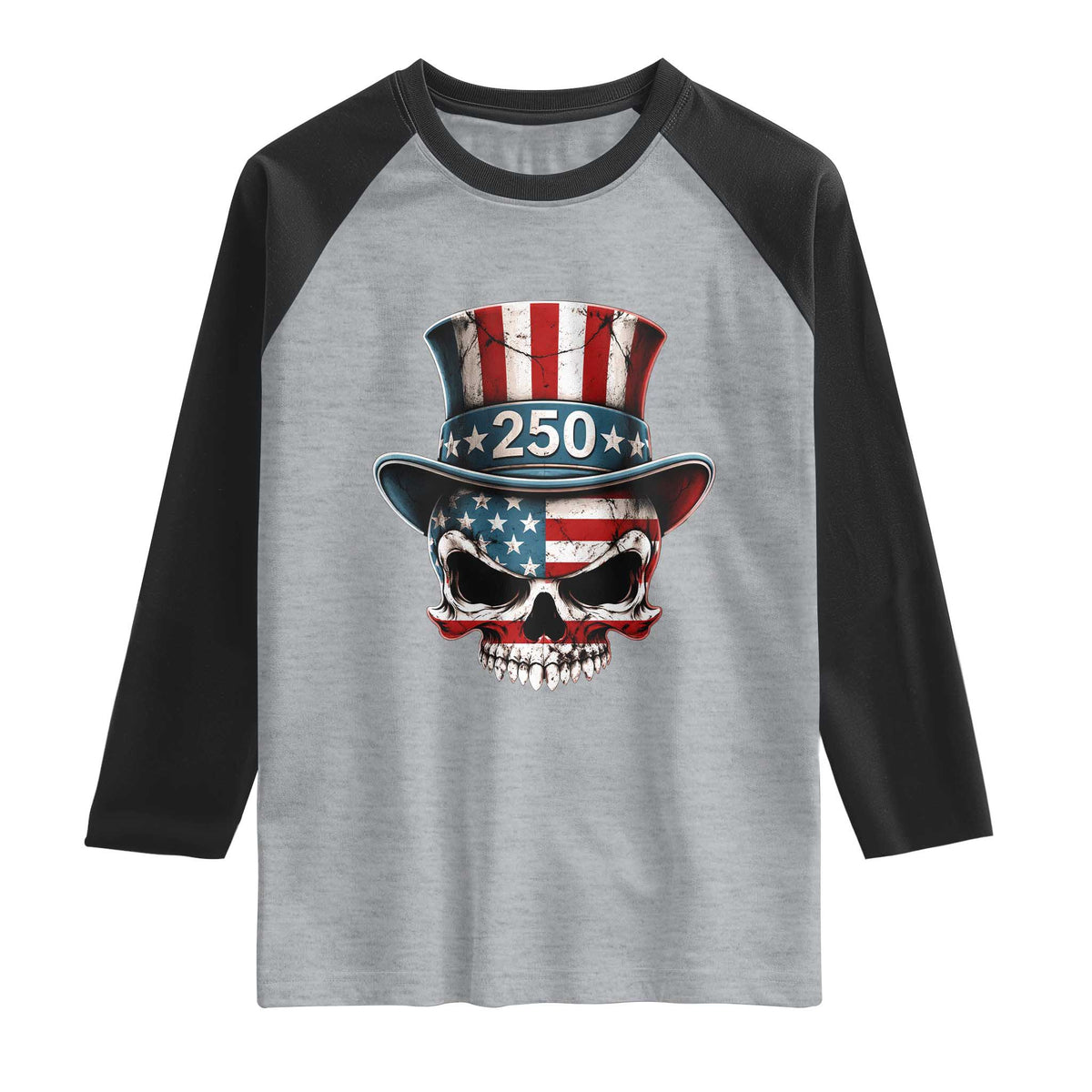 American Flag Skull Patriotic Pride Raglan Shirt USA 250 Anniversary TS12 Heather Gray Black Print Your Wear