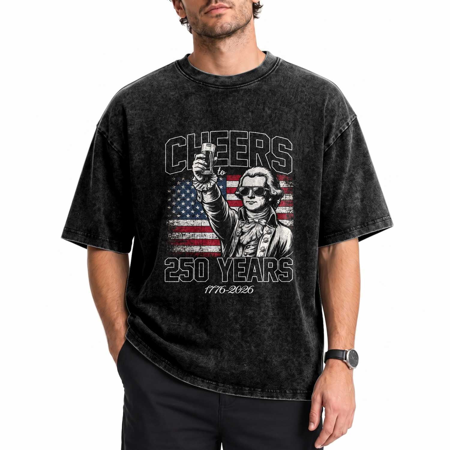 Patriotic Thomas Jefferson Washed Cotton T-Shirt Cheers To 250 Years