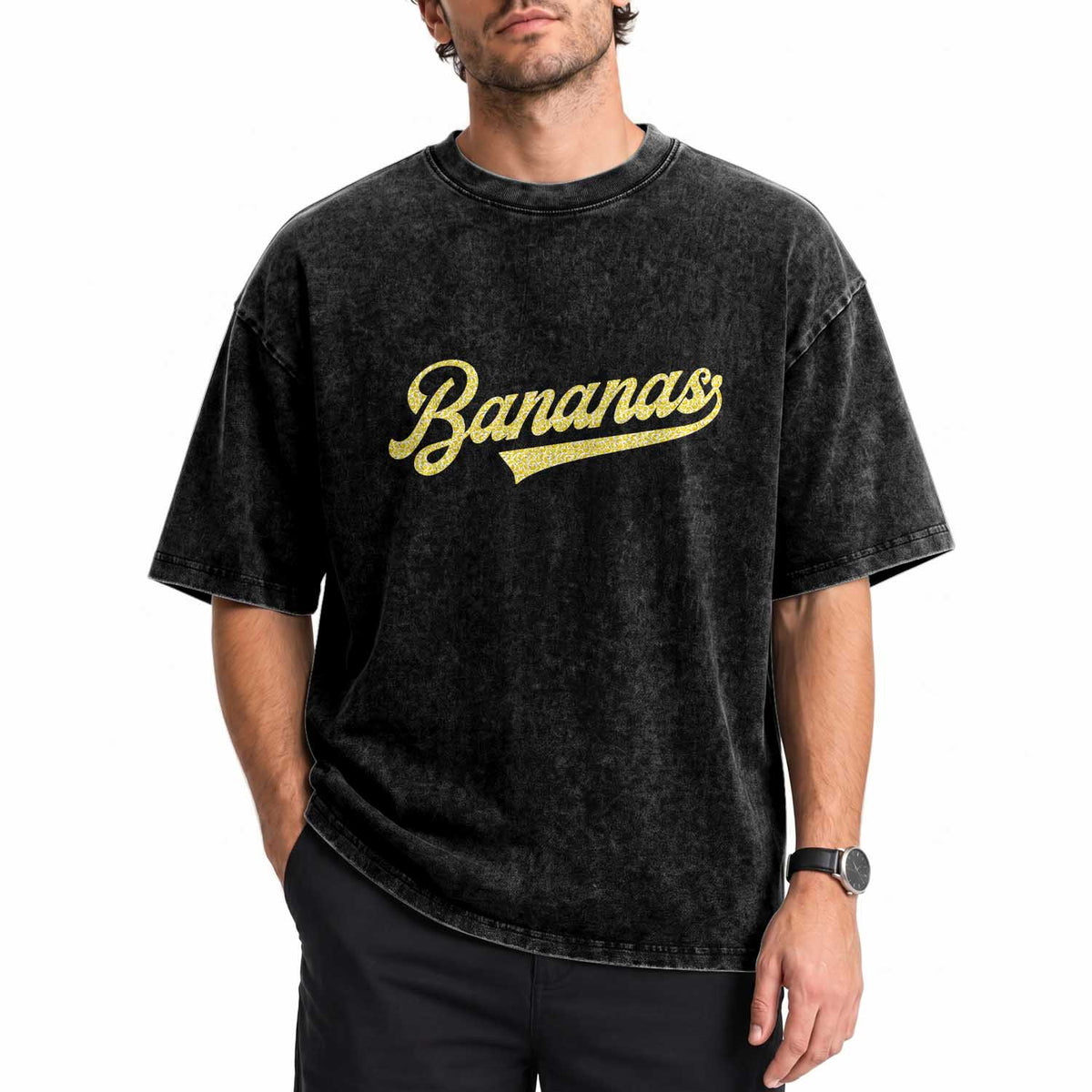 Funny Banana Pattern Typography Washed Cotton T-Shirt Retro Throwback Fruit Lover