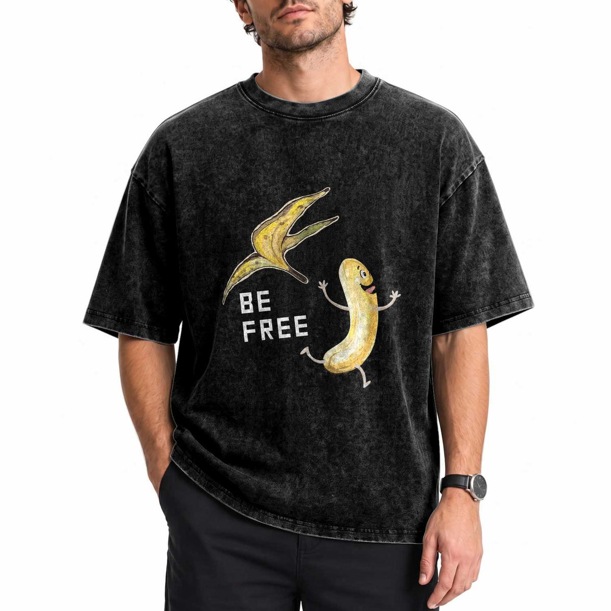 Funny Banana Striptease Be Free Graphic Washed Cotton T-Shirt