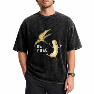 Funny Banana Striptease Be Free Graphic Washed Cotton T-Shirt