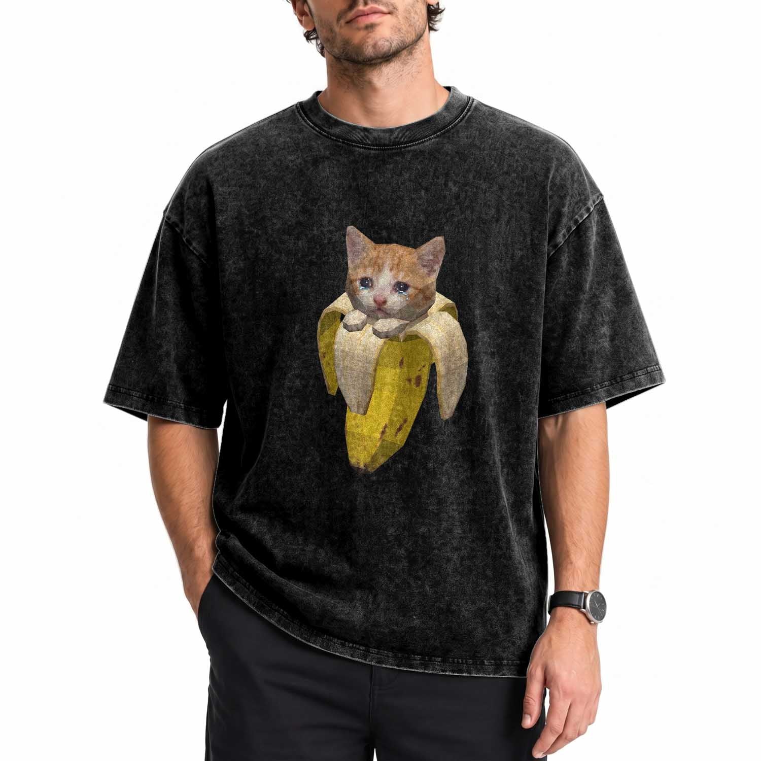 Funny Bananacat Meme Lover Washed Cotton T-Shirt Cute Kitty Banana Costume