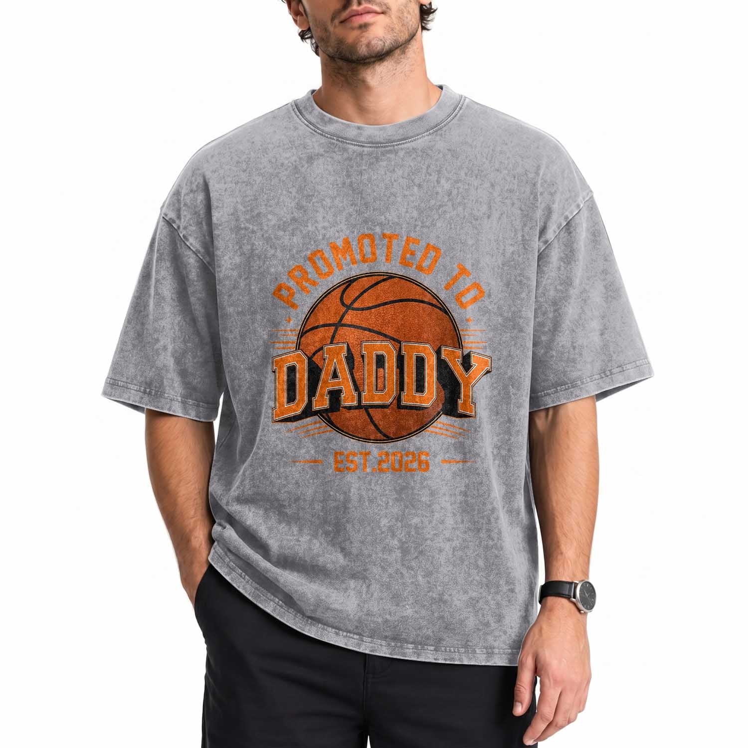 Personalized Basketball Daddy Washed Cotton T-Shirt Custom Number First Time Dad Pregnancy Announcement