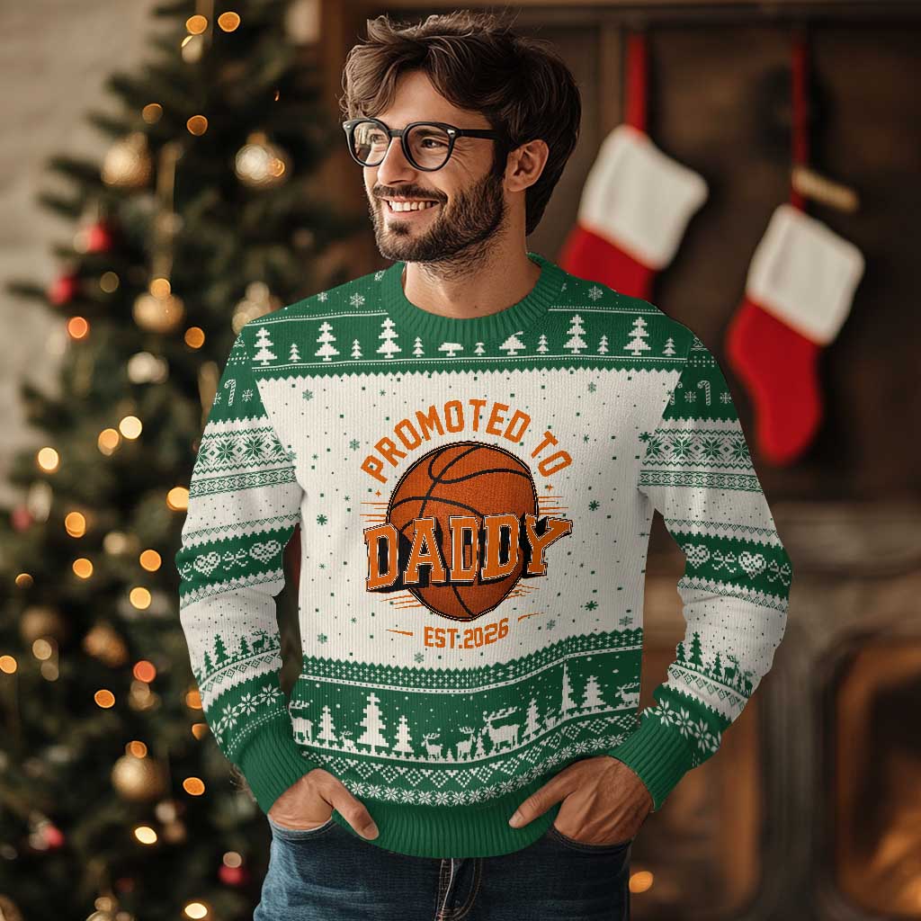 Personalized Basketball Daddy Ugly Christmas Sweater Custom Number First Time Dad Pregnancy Announcement TS12 Beige Green Print Your Wear