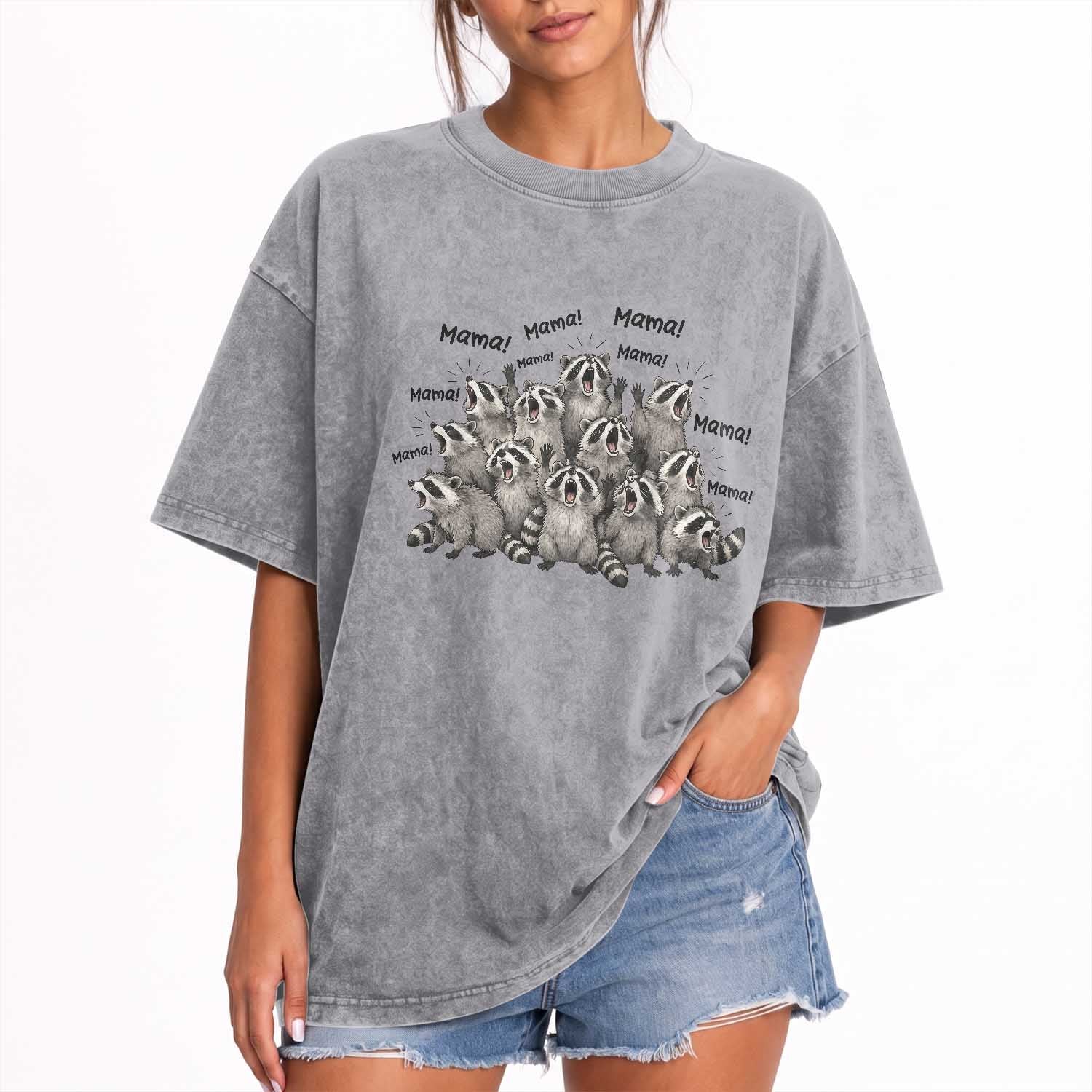 Funny Raccoon Mama Life Washed Cotton T-Shirt Motherhood Chaos Trash Panda