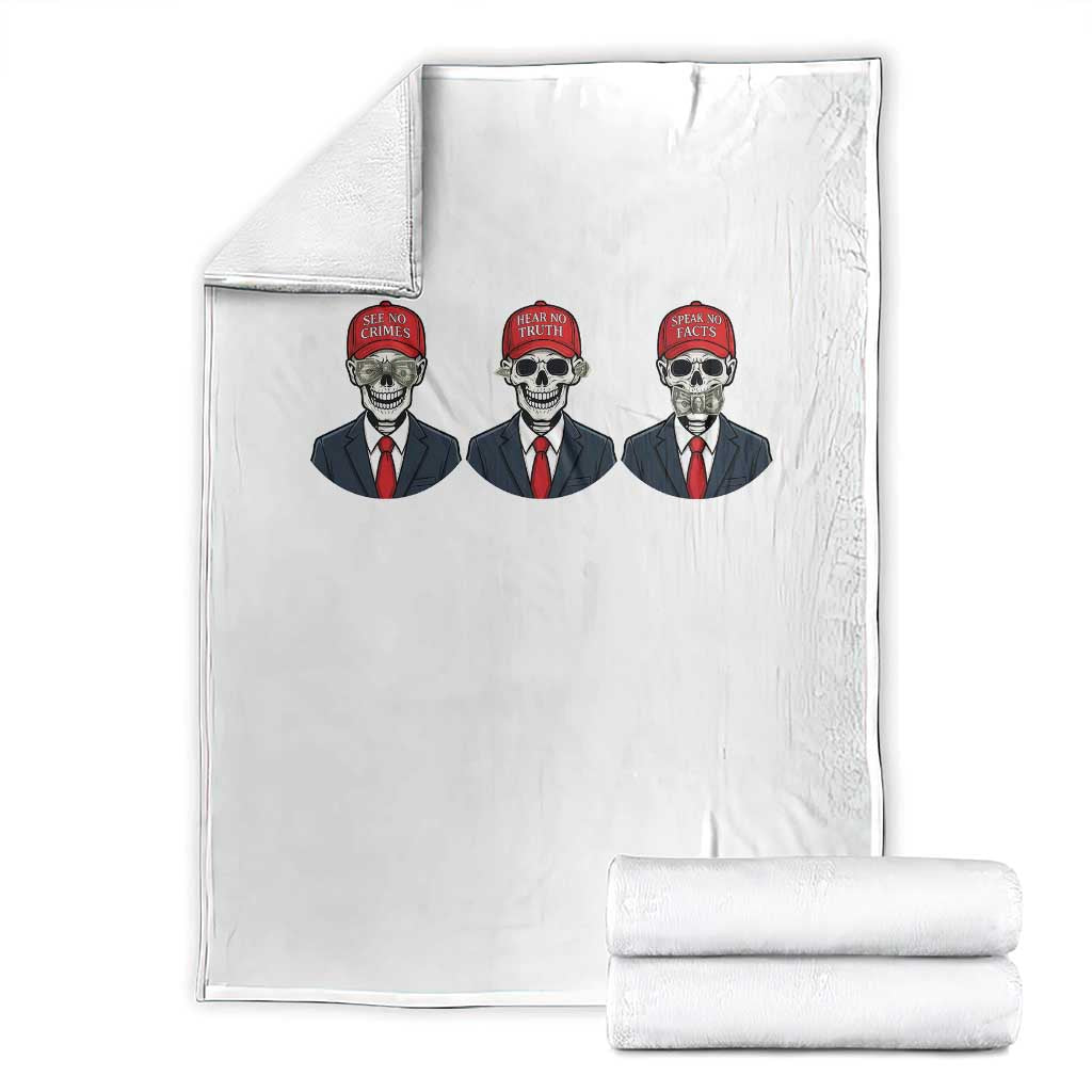 Skeleton See No Crimes Hear No Truth Throw Blanket Funny Political Satire TS12 White Print Your Wear