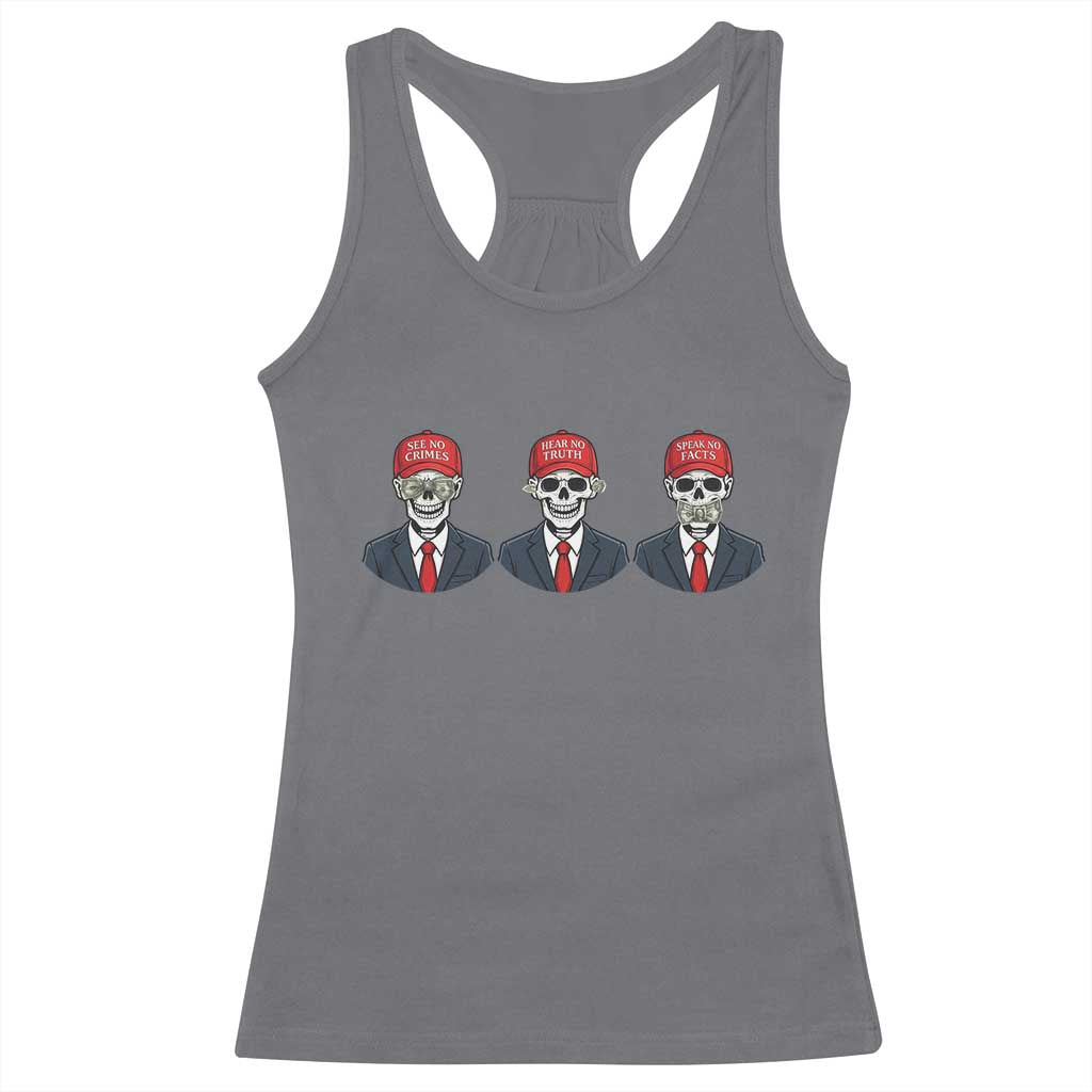 Skeleton See No Crimes Hear No Truth Racerback Tank Top Funny Political Satire TS12 Charcoal Print Your Wear