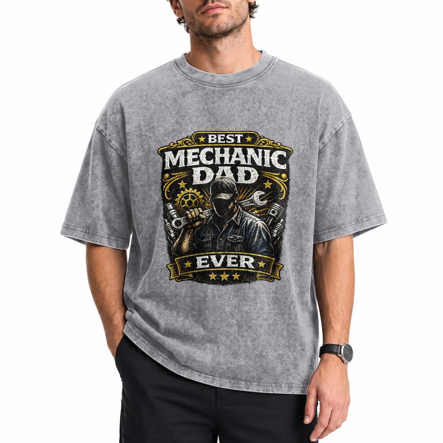 Best Mechanic Dad Ever Washed Cotton T-Shirt Auto Repair Fathers Day Graphic