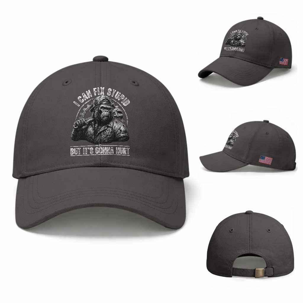 Funny Gorilla Mechanic Baseball Cap I Can Fix Stupid But Its Gonna Hurt TS12 Baseball Cap Universal Fit Dark Gray Print Your Wear