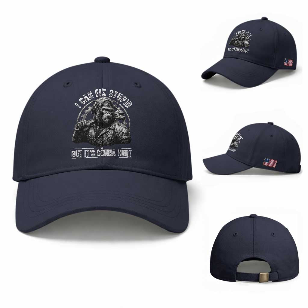 Funny Gorilla Mechanic Baseball Cap I Can Fix Stupid But Its Gonna Hurt TS12 Baseball Cap Universal Fit Navy Print Your Wear