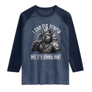Funny Gorilla Mechanic Raglan Shirt I Can Fix Stupid But Its Gonna Hurt TS12 Heather Denim Navy Print Your Wear