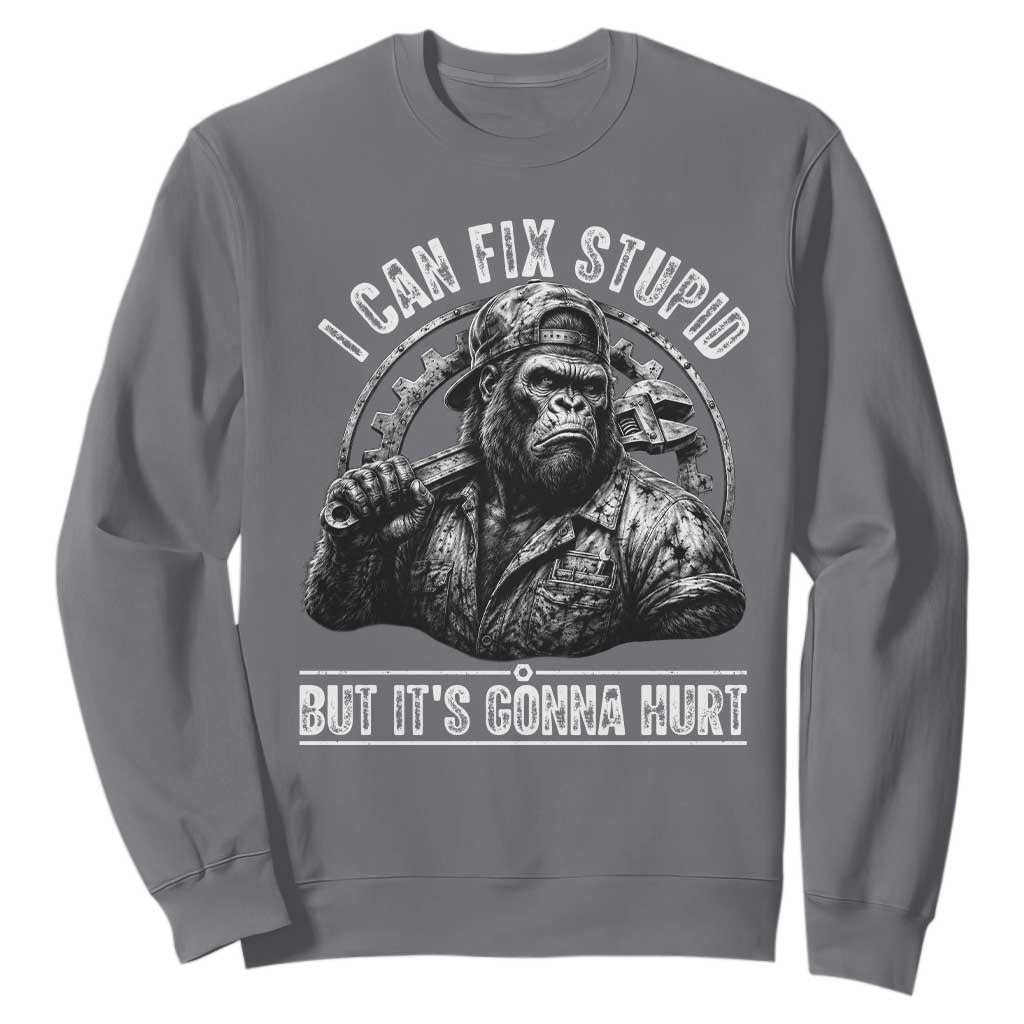 Funny Gorilla Mechanic Sweatshirt I Can Fix Stupid But Its Gonna Hurt TS12 Charcoal Print Your Wear