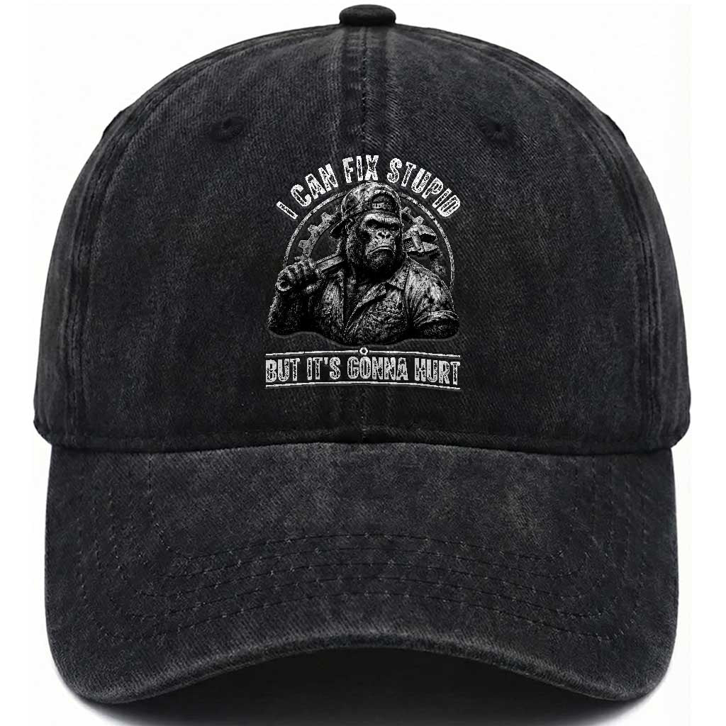 Funny Gorilla Mechanic Washed Cotton Baseball Cap I Can Fix Stupid But Its Gonna Hurt TS12 Print Your Wear