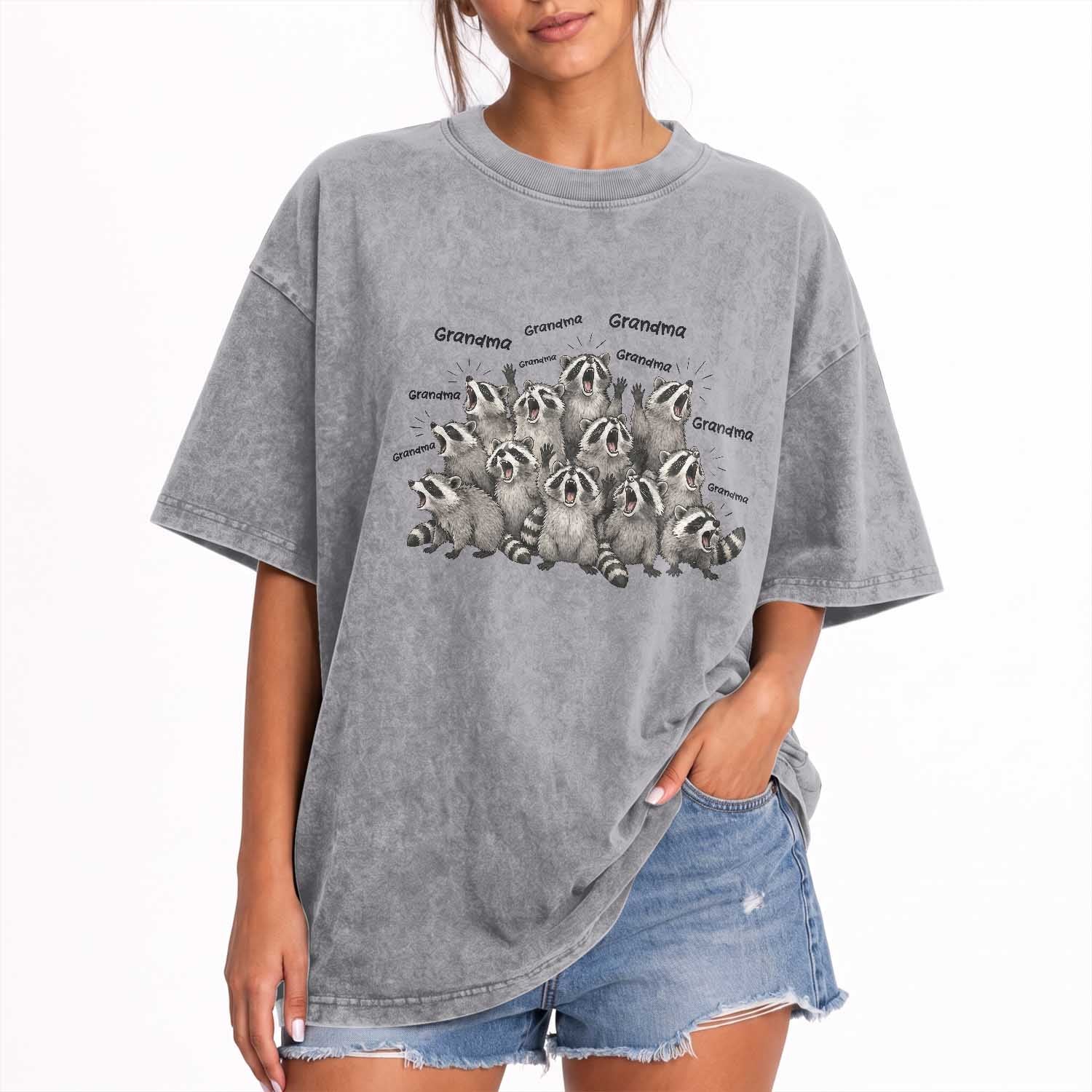 Funny Raccoon Grandma Washed Cotton T-Shirt Grandmother Chaos Trash Panda