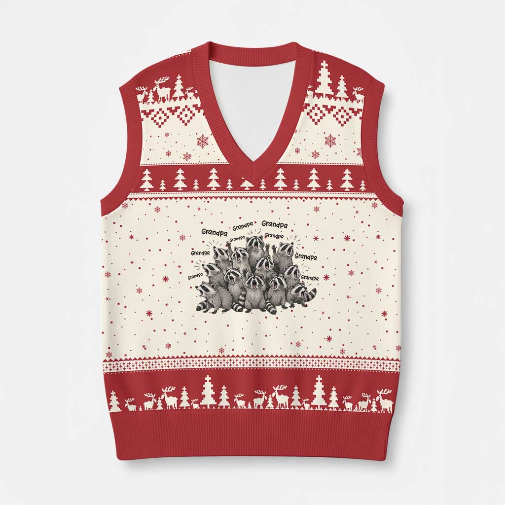 Funny Raccoon Grandpa V-Neck Knit Sweater Vest Chaos Coordinator Grandpa Life Graphic TS12 Beige Red Print Your Wear