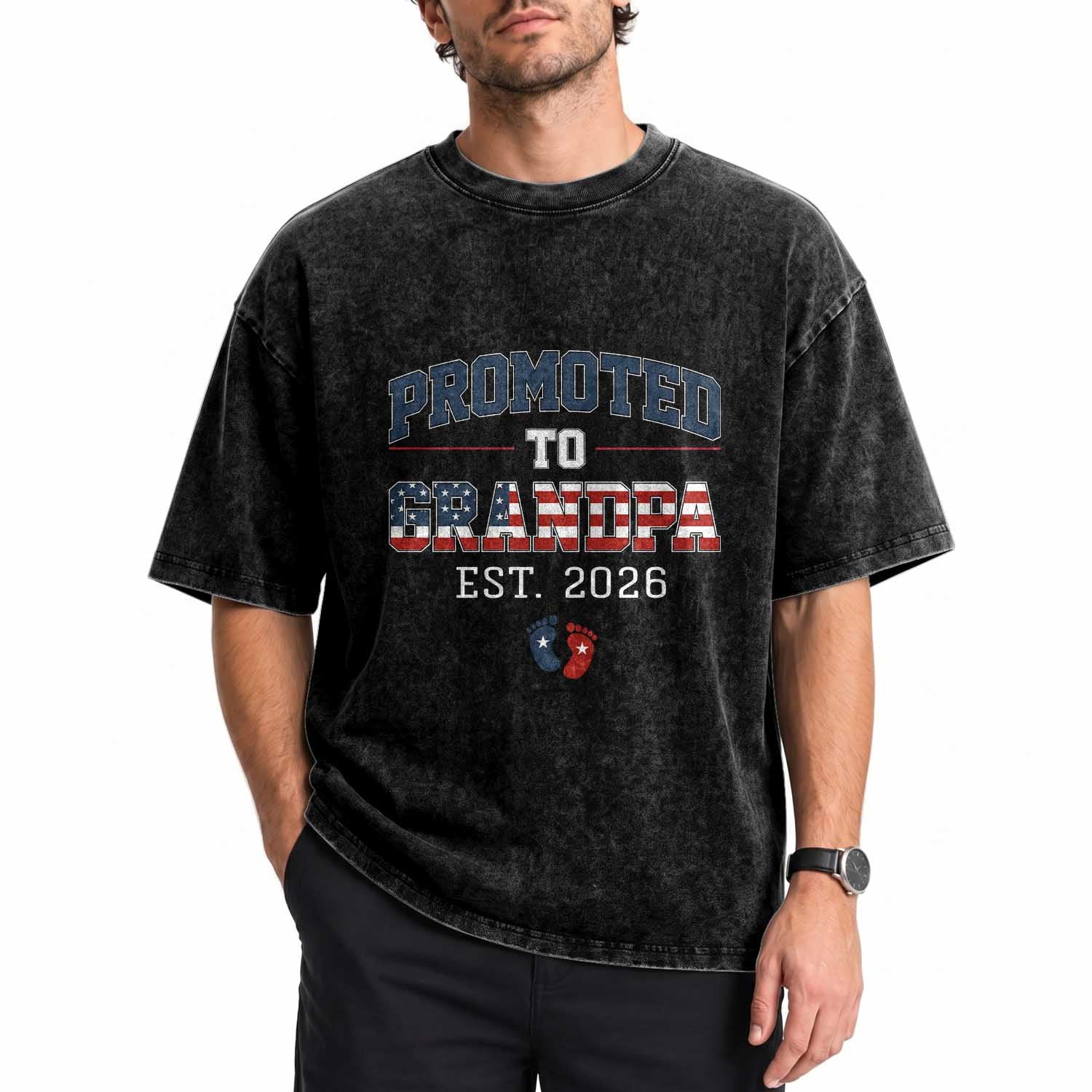 Patriotic Promoted To Grandpa Est 2026 Washed Cotton T-Shirt US Flag New Father Gift