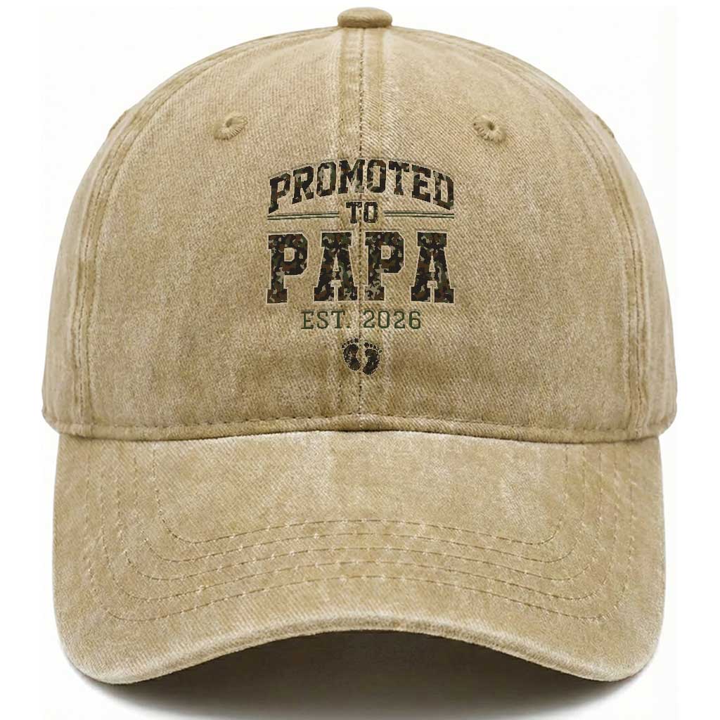 Promoted To Dad Est 2026 Camo Washed Cotton Baseball Cap Hunting Style New Dad Gift Graphic TS12 Print Your Wear