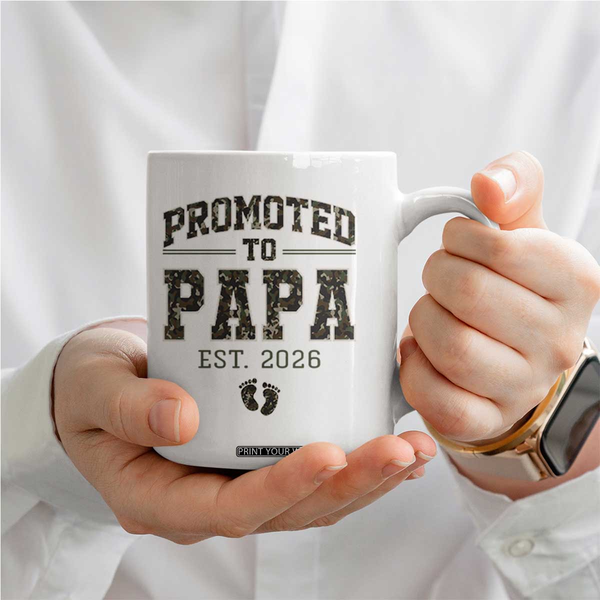 Promoted To Dad Est 2026 Camo Coffee Mug Hunting Style New Dad Gift Graphic TS12 Print Your Wear