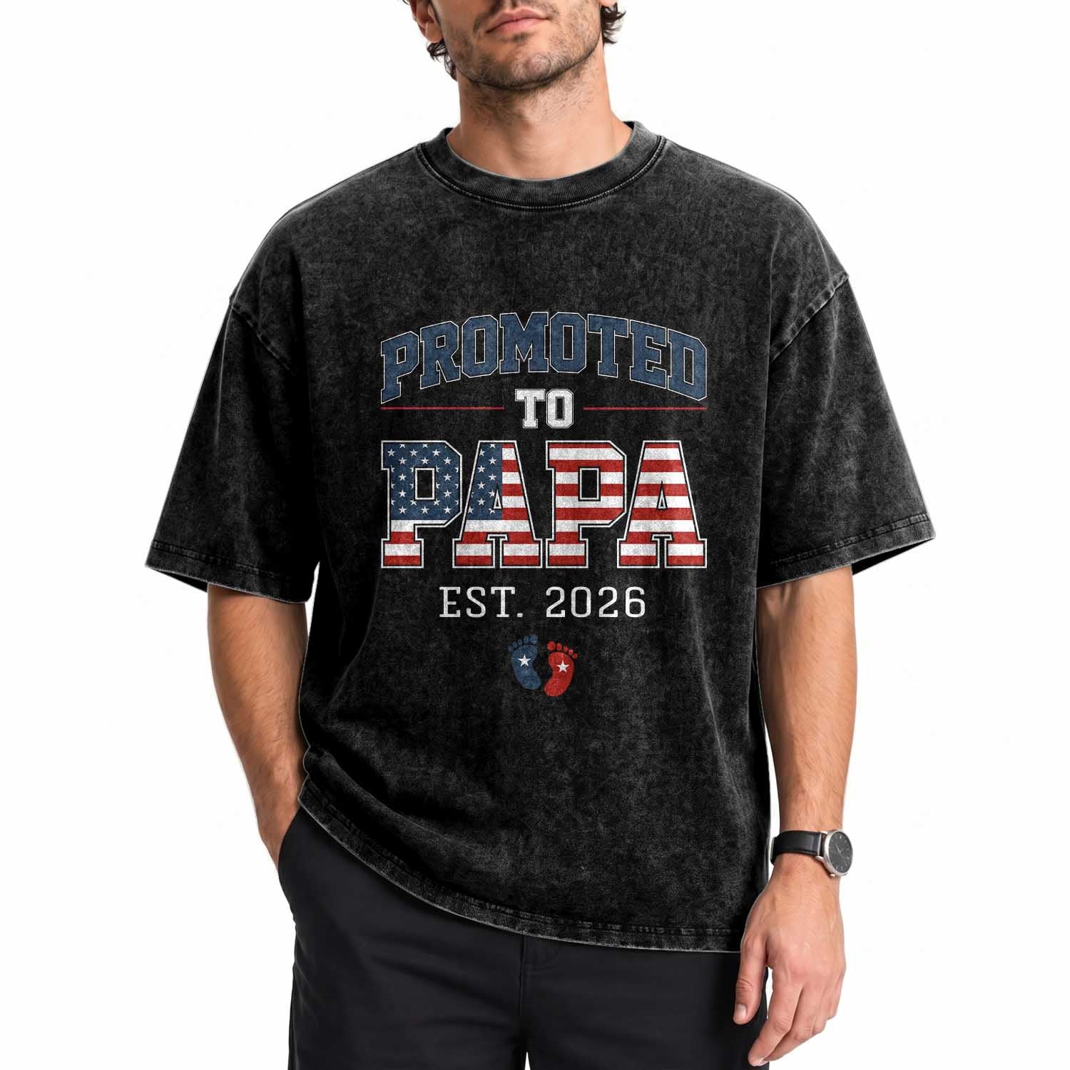 Patriotic Promoted To Dad Est 2026 Washed Cotton T-Shirt US Flag New Father Gift