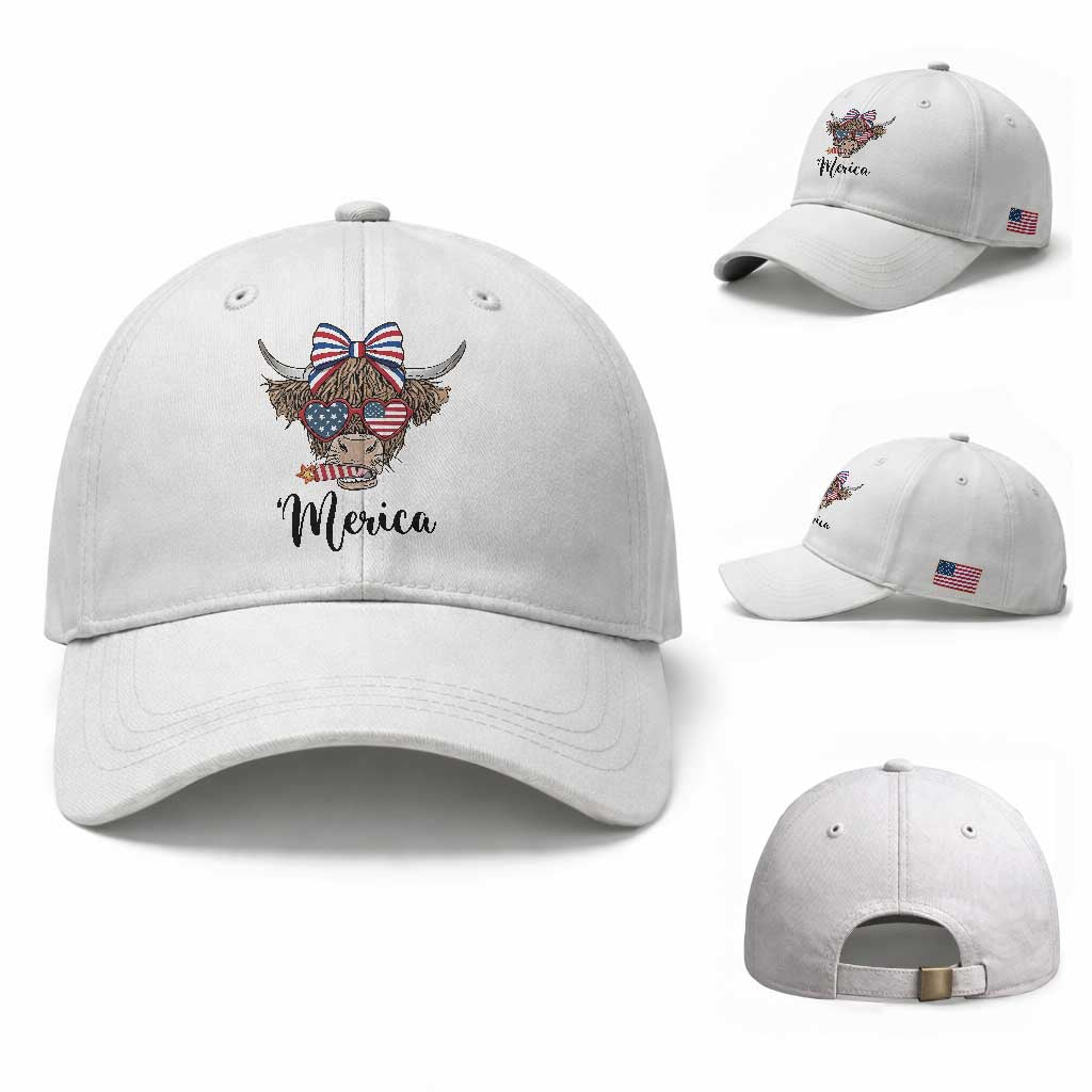 Patriotic Highland Cow Baseball Cap Merica USA Flag Farmer Gift TS12 Baseball Cap Universal Fit White Print Your Wear