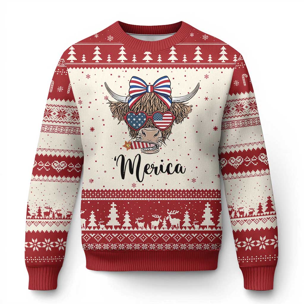 Patriotic Highland Cow Ugly Christmas Sweater Merica USA Flag Farmer Gift TS12 Beige Red Print Your Wear