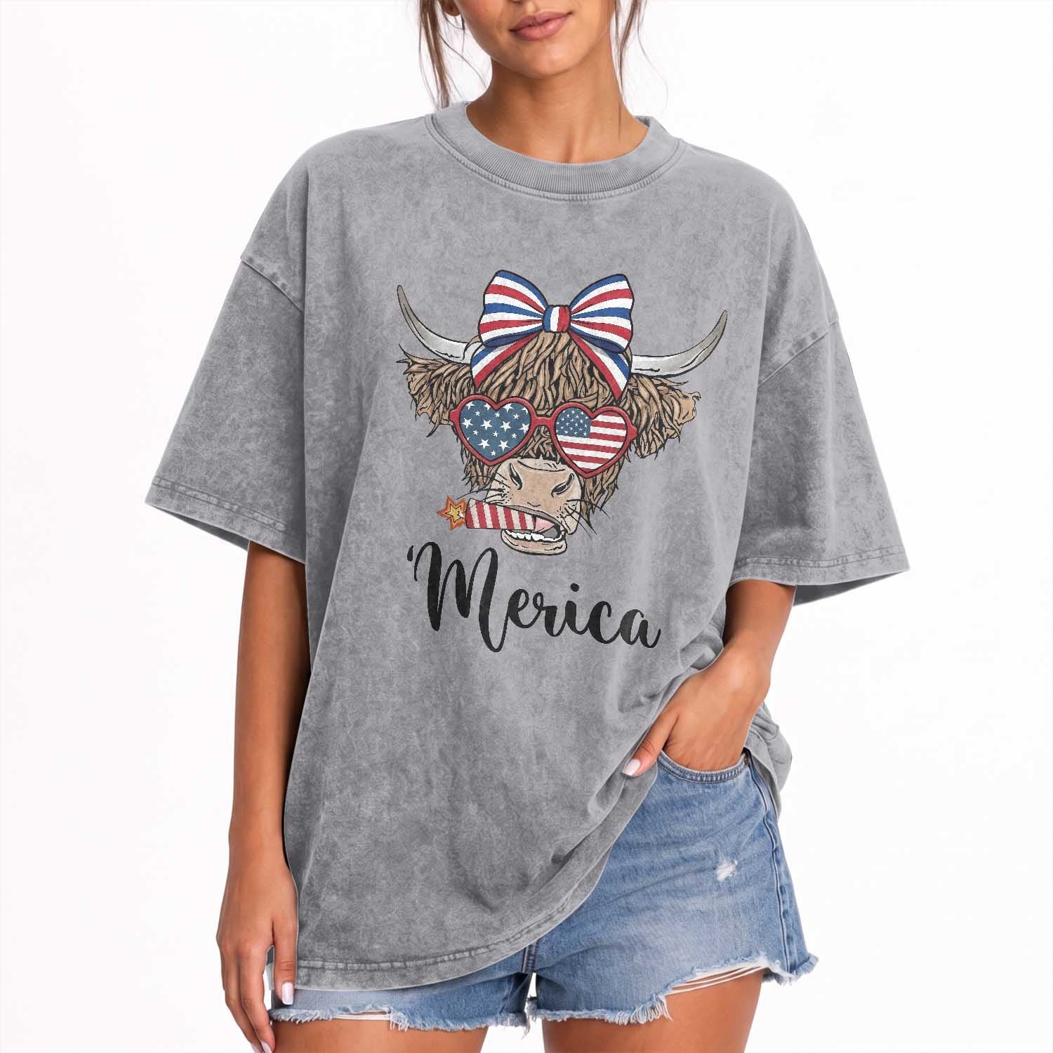 Patriotic Highland Cow Washed Cotton T-Shirt Merica USA Flag Farmer Gift